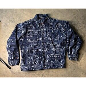 Vintage FUBU Denim Jacket Men Sz L All Over Print MCMXCII Collection Hip Hop
